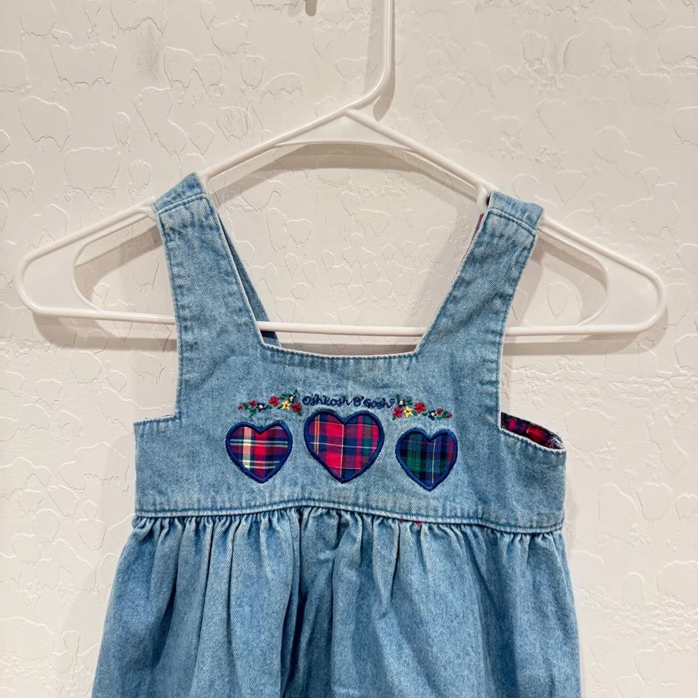 Vintage OshKosh B'gosh Blue Denim Overall Dress Gorls 3T Plaid Hearts Cotton